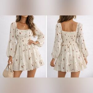 Liberty Love Cream & Brown Long
Sleeve Smocked Mini Dress - NWT -
Size L